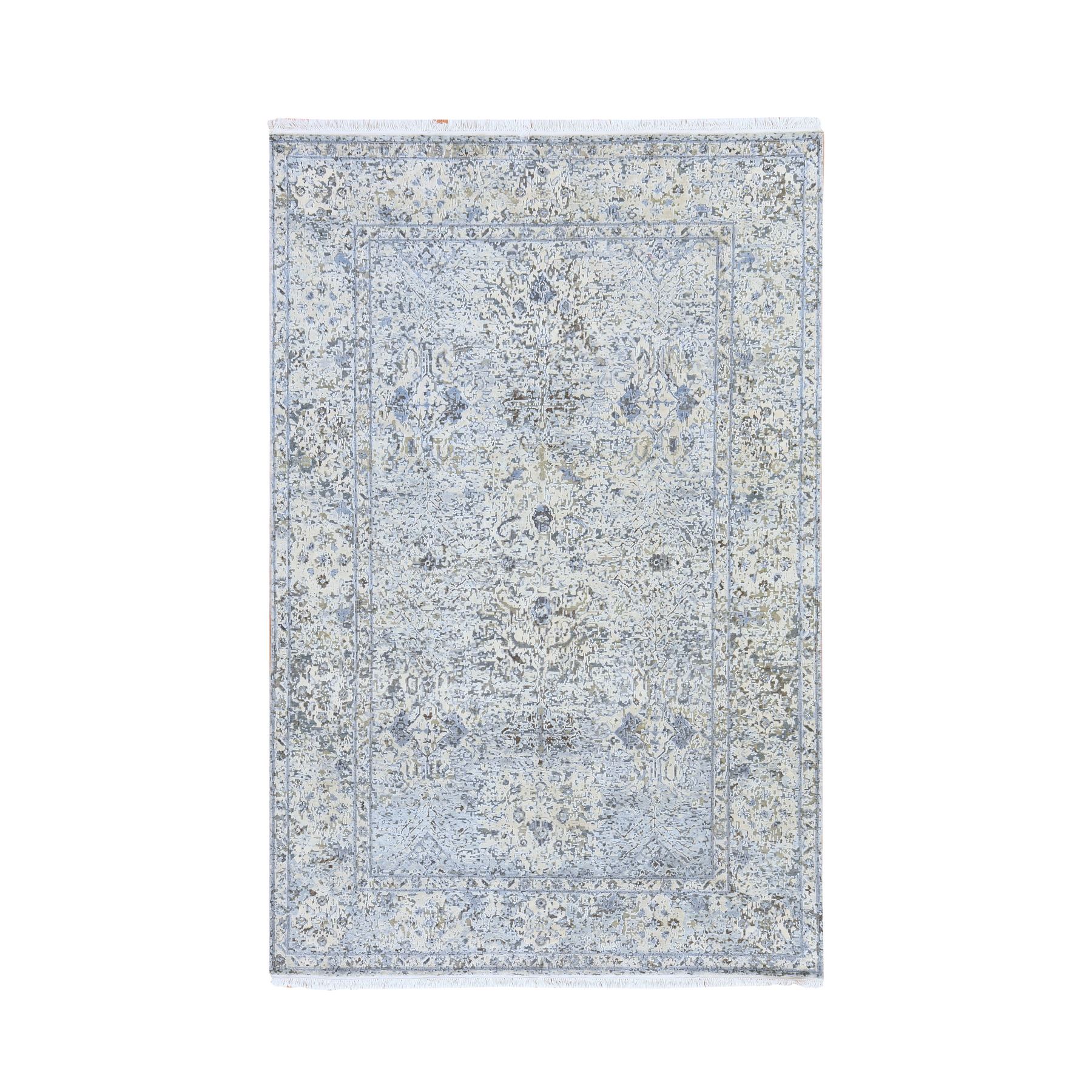 6'x9'3" Ivory and Blue, Oushak Design, Distressed, Pure Silk with Textured Wool, Hand Knotted, Oriental Rug 